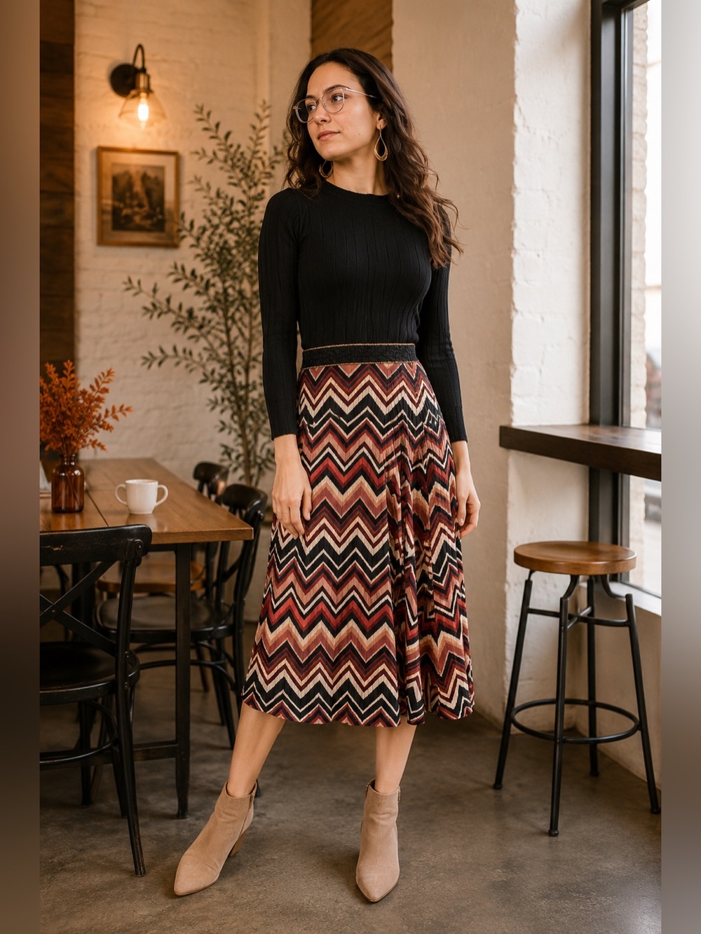 Jones New York Chevron Knit Midi Dress Black Fit & Flare Sweater Dress Size S